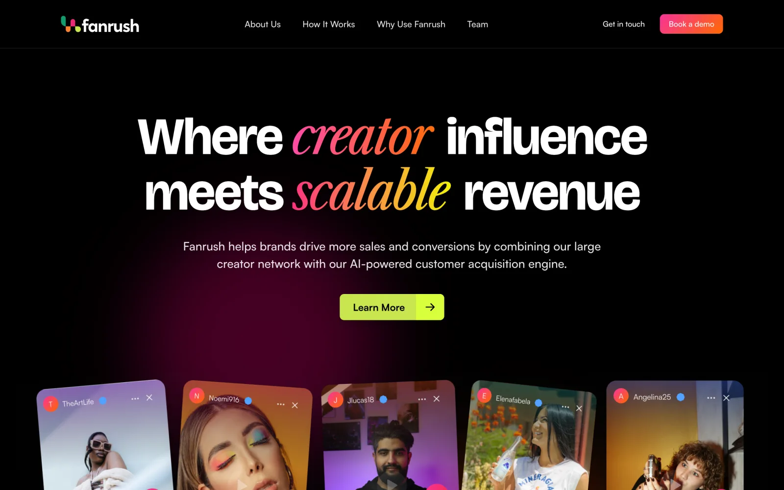 Screenshots of the Fanrush website: the homepage, its acquisition engine, the team and the contact page