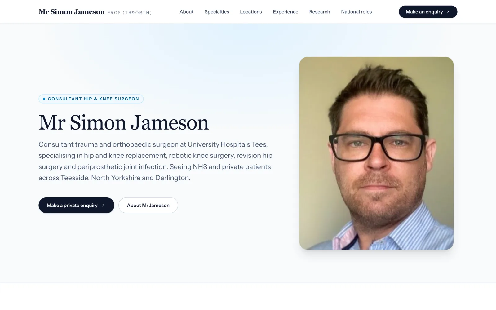 Screenshots of the Mr Simon Jameson website: the homepage, specialist areas, practice outcomes and national roles