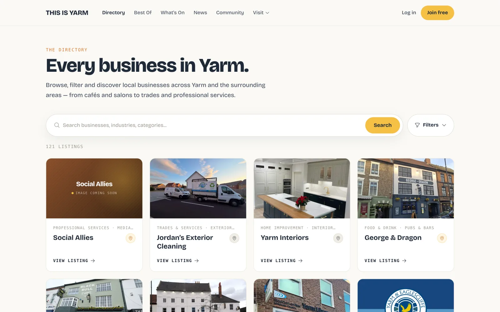 Screenshots of This Is Yarm: the business directory, a business listing, local events and digital loyalty cards